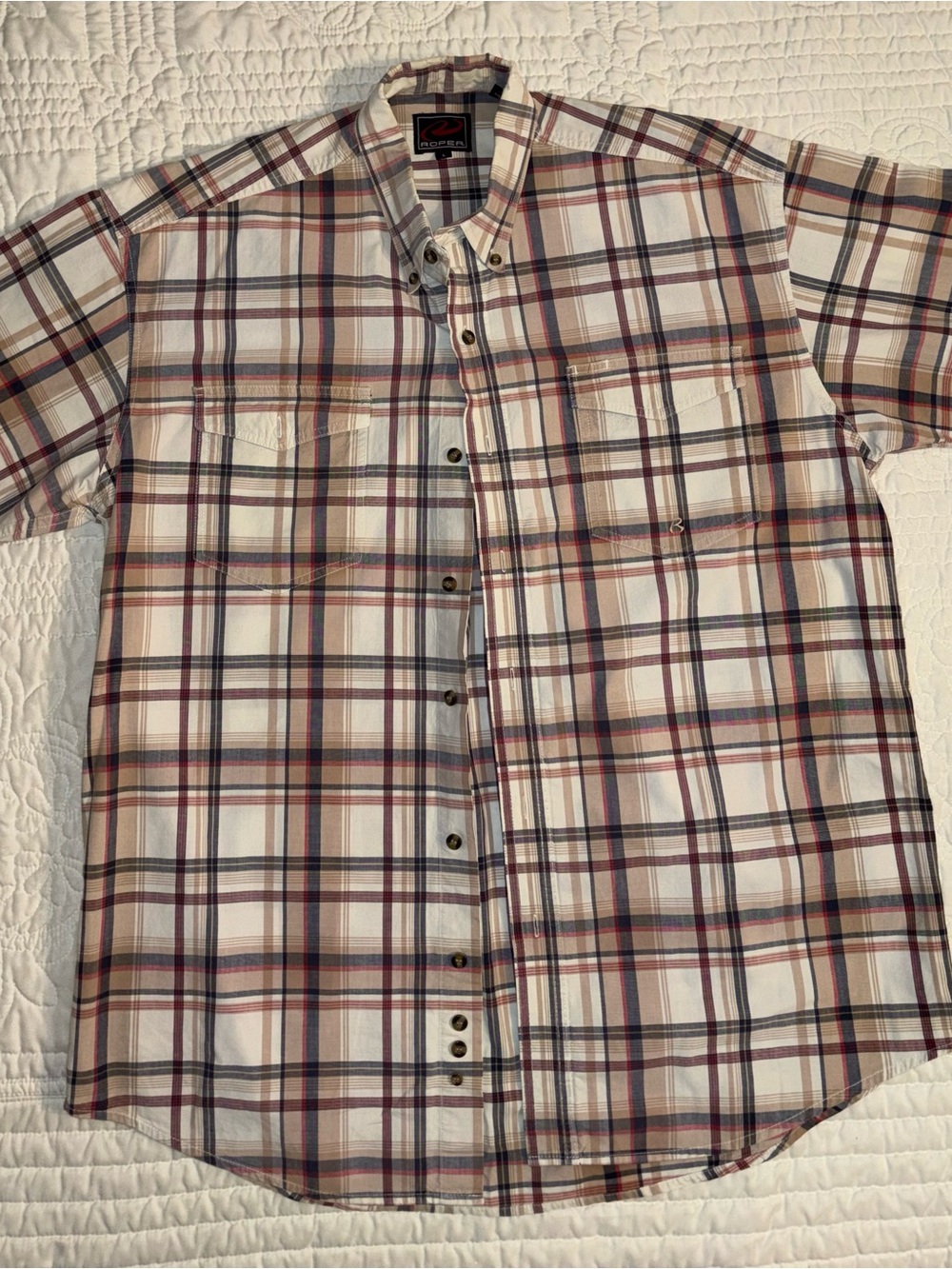 Roper Plaid Button-Up in Cream, Brown & Navy with Red Accents